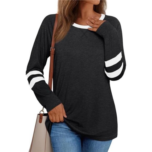 Long Sleeve Shirts Block Crewneck Tops Tshirt - Picture 1 of 6